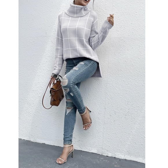 Grey Grid Printed Long Sweater Plaid Pattern Split Sides Pullover Turtleneck - Picture 3 of 16